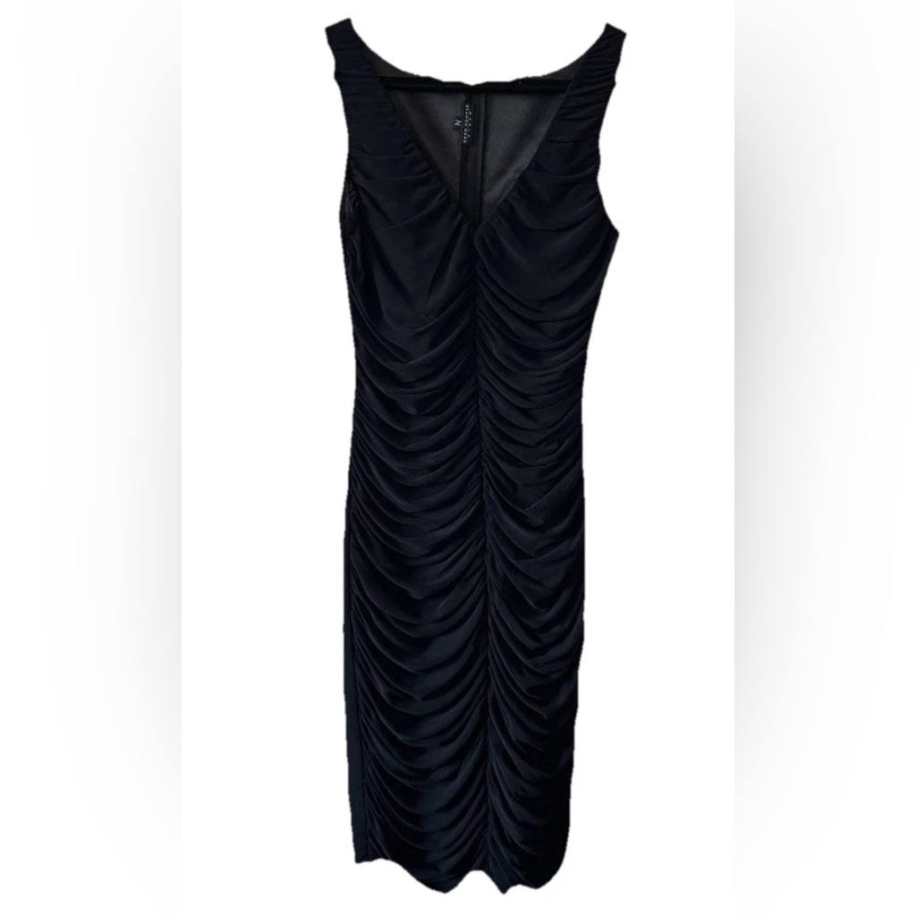 Vtg Maria Bianca Nero Roushed Body-Con Knee Length Dress Lbd Medium Luxury